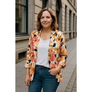 Alfred Dunner Floral Watercolor Blazer Size 16 Women Coral Peach Black